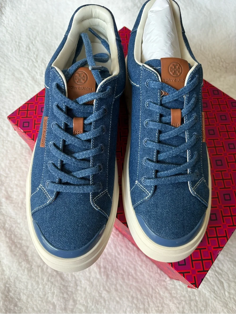 Tory Burch Men's Denim Lace-Up Sneakers in Blue with Tan Accents